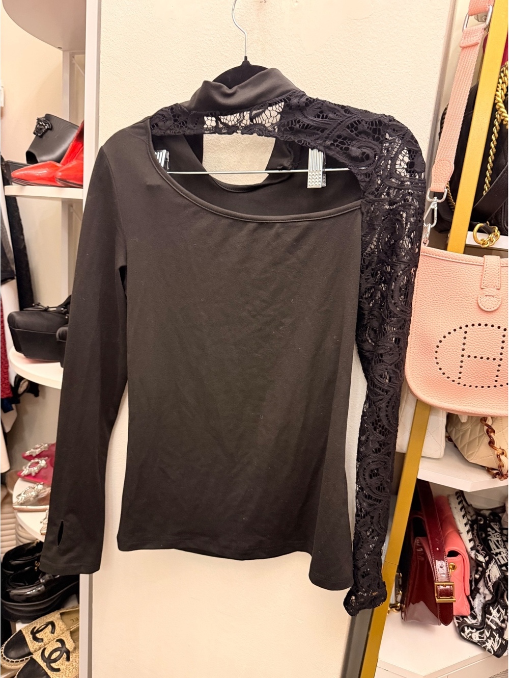 Black Long Sleeve Top with Lace Detail and Button Back Closure, Size Small